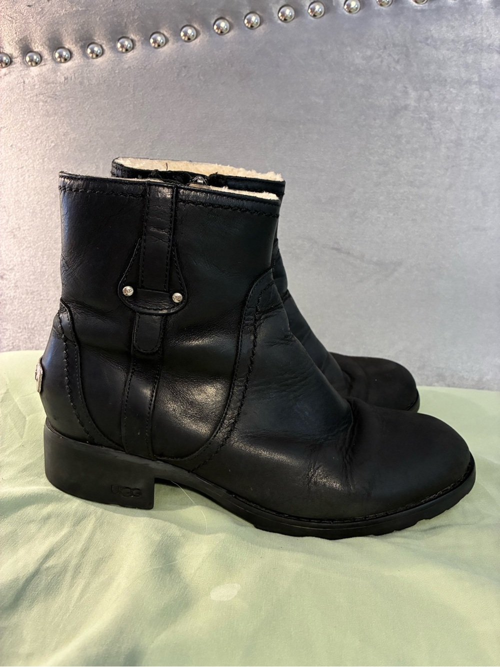 UGG Black Leather Shearling-Trim Ankle Boots with 1 1/2” Heel